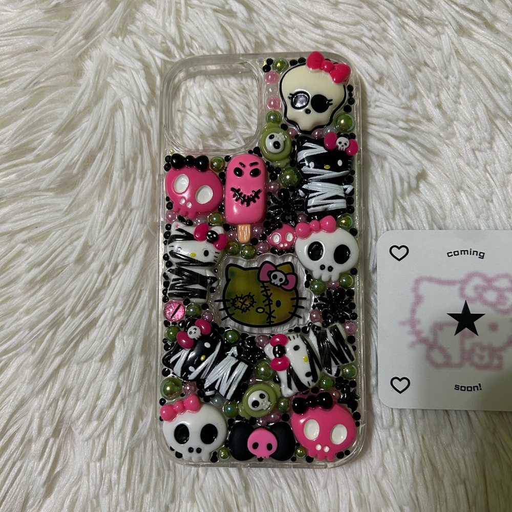 Handmade iPhone 15 Junk Case Halloween Spooky Hello Kitty Sanrio Goth Kawaii Y2K